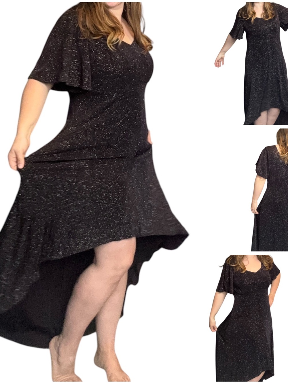 Filigree Ltd. Vintage Elegant Black Glitter Party Cocktail Short Sleeve Dress